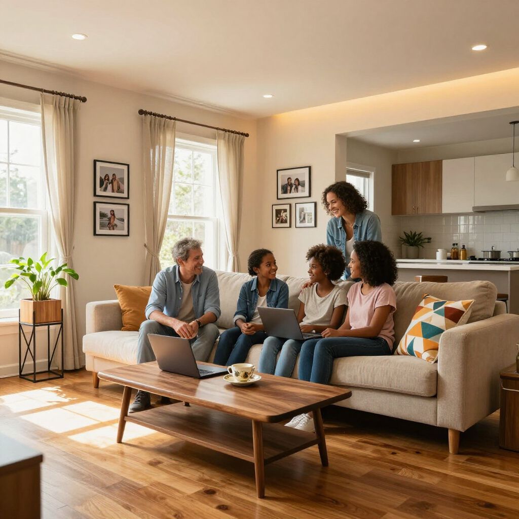 A family sits together in a bright, modern living room, working on laptops and talking on a beige sofa.