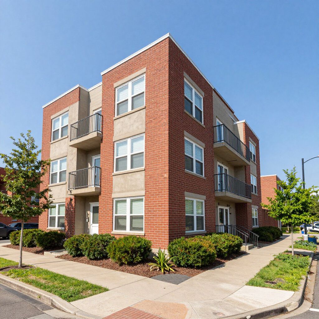 A three-story apartment building with red brick and tan stucco siding, featuring small balconies and green landscaping.