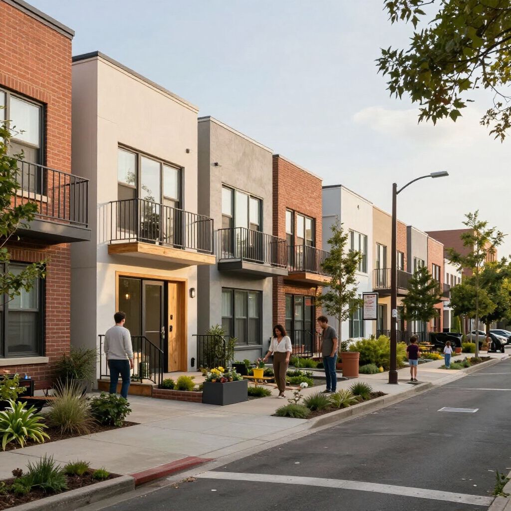 A row of modern brick and stucco townhomes with balconies along a suburban street, with several people walking nearby.