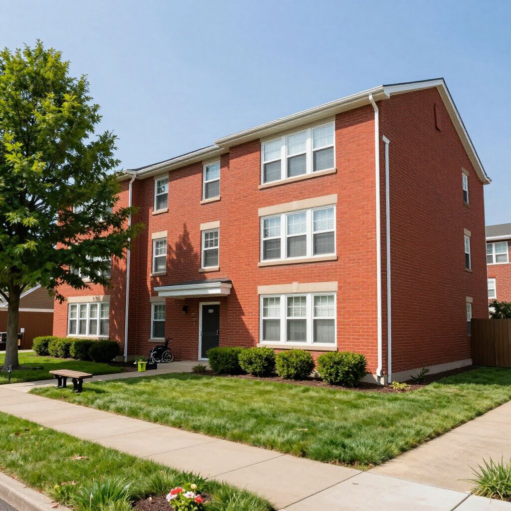 A three-story red brick apartment building with white trim, a front entrance, and a green lawn under a clear blue sky.