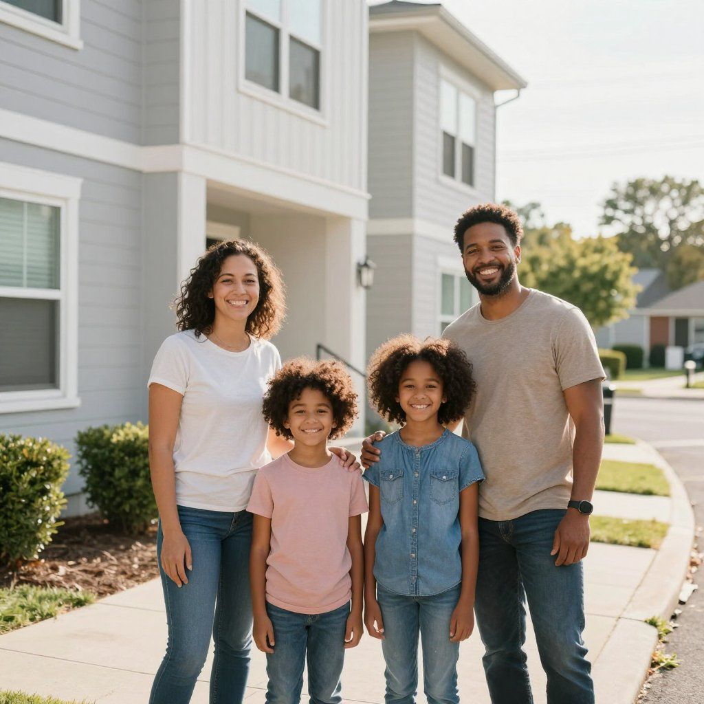 A family of four stands smiling in front of a gray multi-story apartment building on a sunny day.