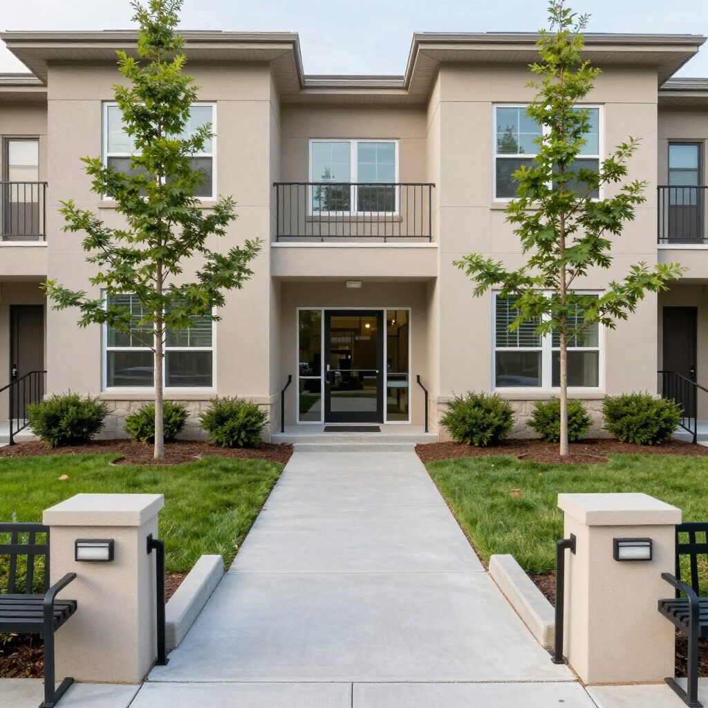 A modern two-story tan apartment building with a central entrance, concrete walkway, green lawns, and two small trees.