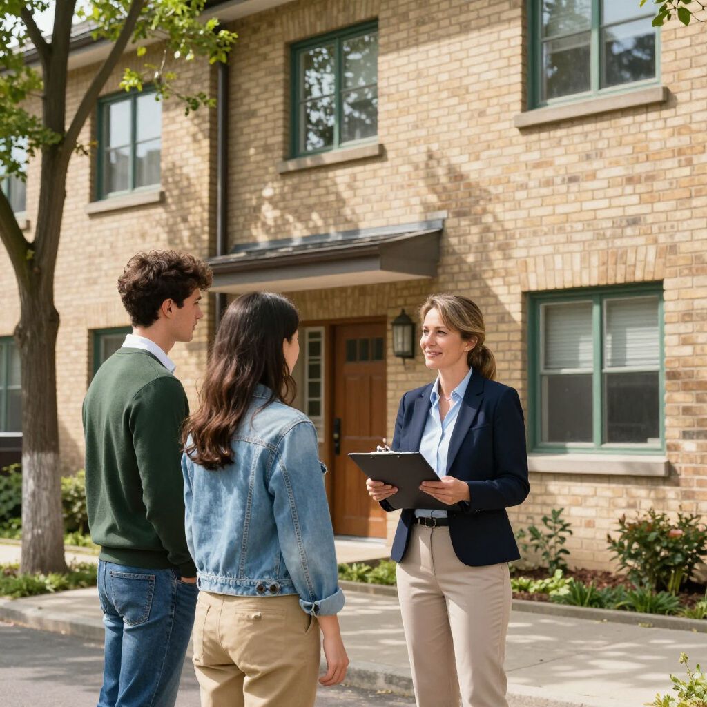 A real estate professional holds a clipboard while speaking with two people in front of a brick townhome.