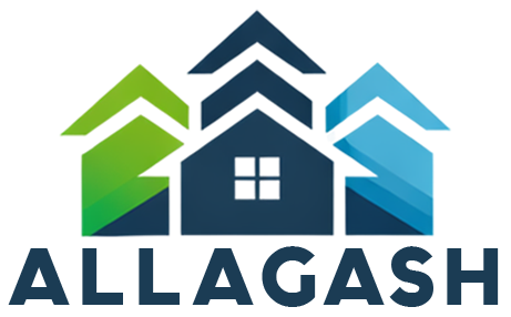 Logo for Allagash featuring three stylized house icons in green and blue, with the company name in dark blue text below.