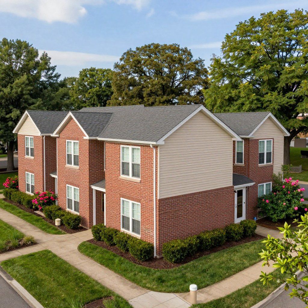 A two-story brick and tan siding apartment complex surrounded by green lawns and trees under a clear blue sky.