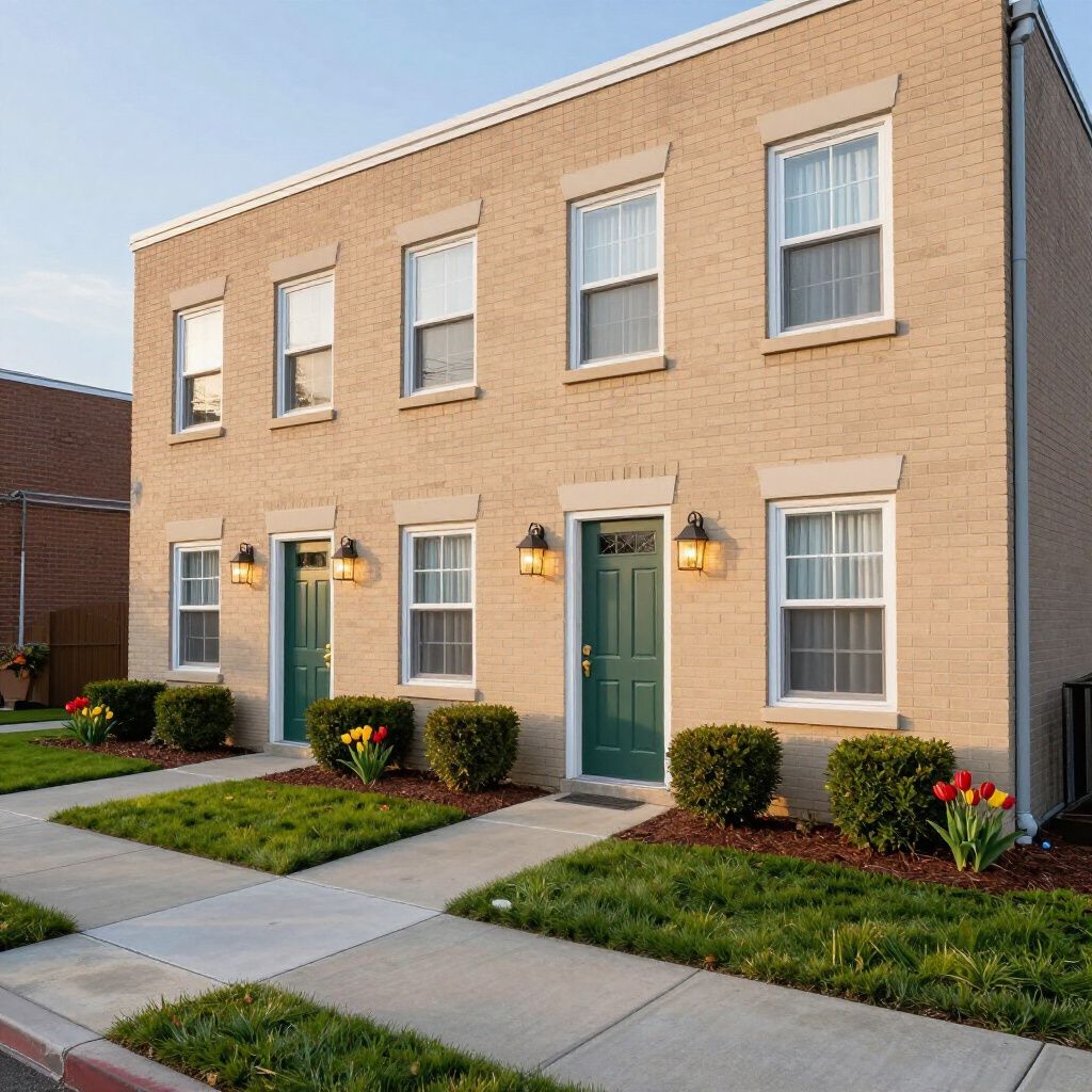 A light-tan brick townhouse duplex with green doors, outdoor wall lanterns, and small bushes planted in the front yard.