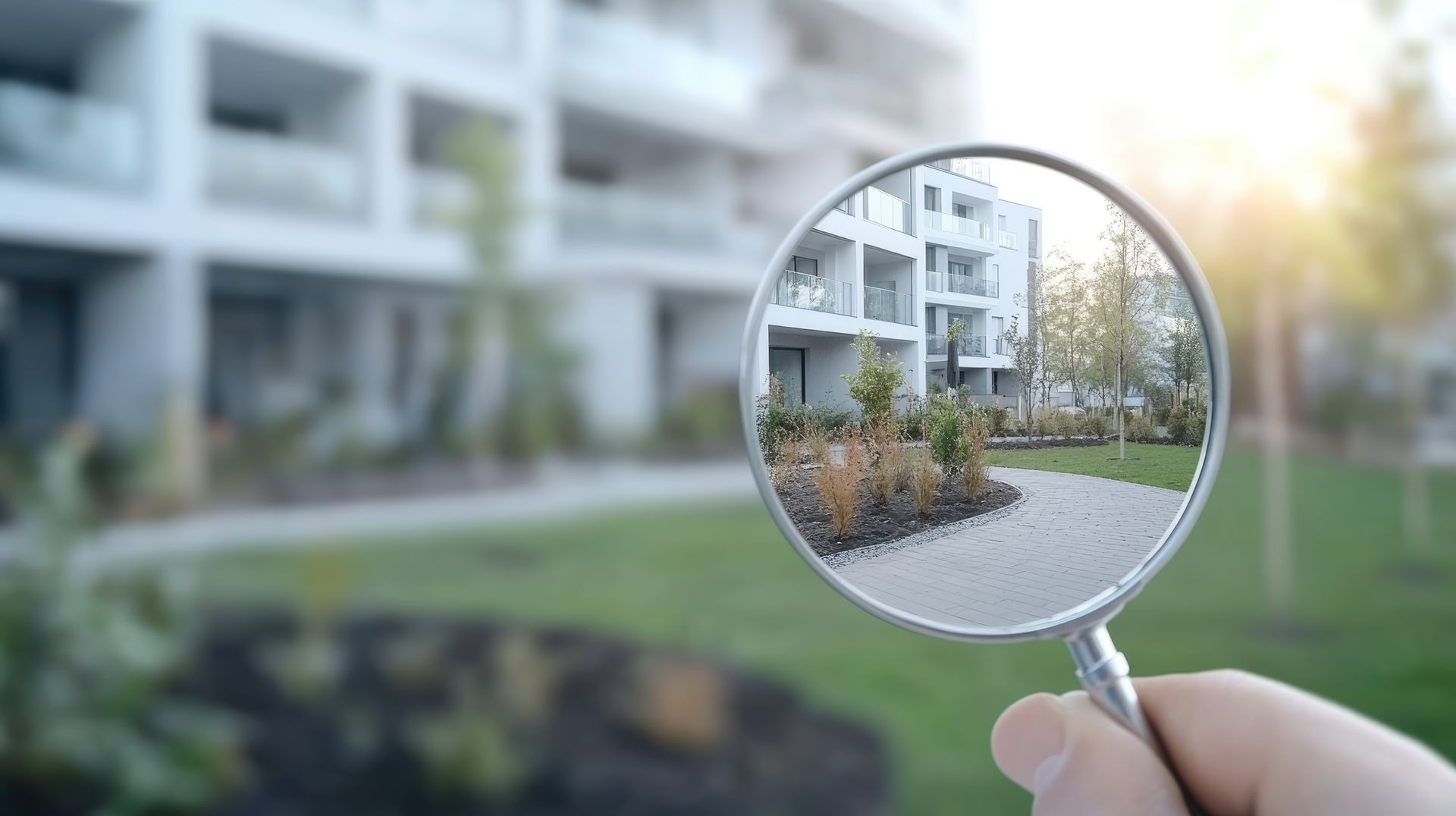 A hand holds a magnifying glass, focusing on a clear, sharp view of a modern apartment building with a garden.