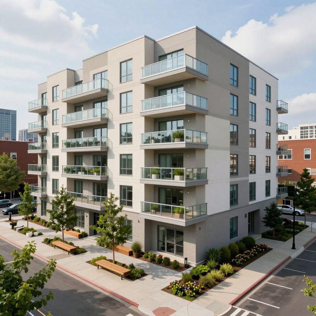 A modern, multi-story apartment building with balconies, set on a corner lot with sidewalk landscaping and benches.
