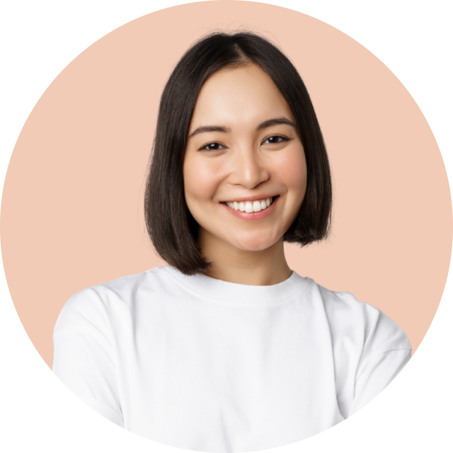 a woman in a denim shirt is smiling in a circle
