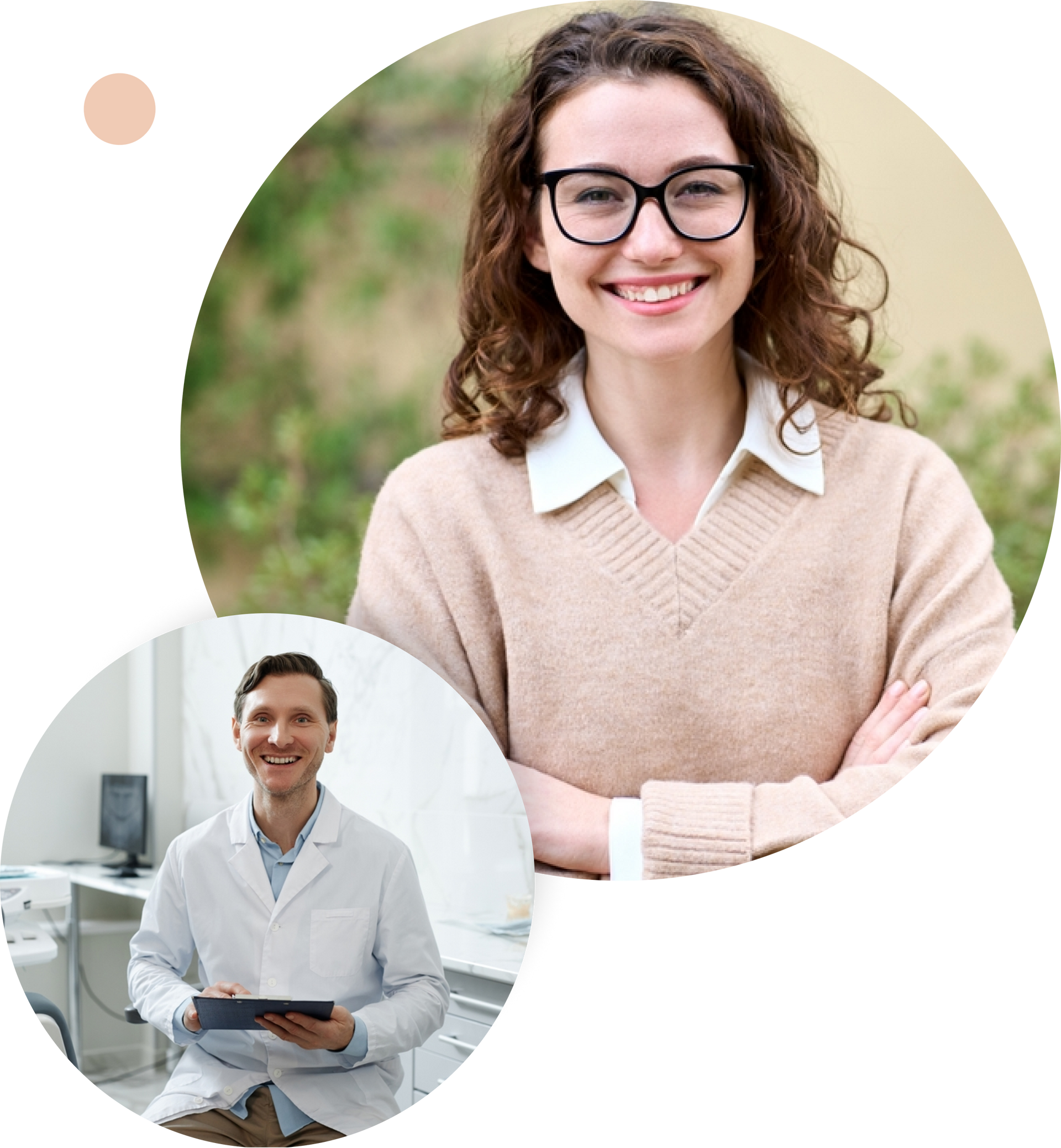 A woman wearing glasses is smiling next to a man in a lab coat holding a tablet.