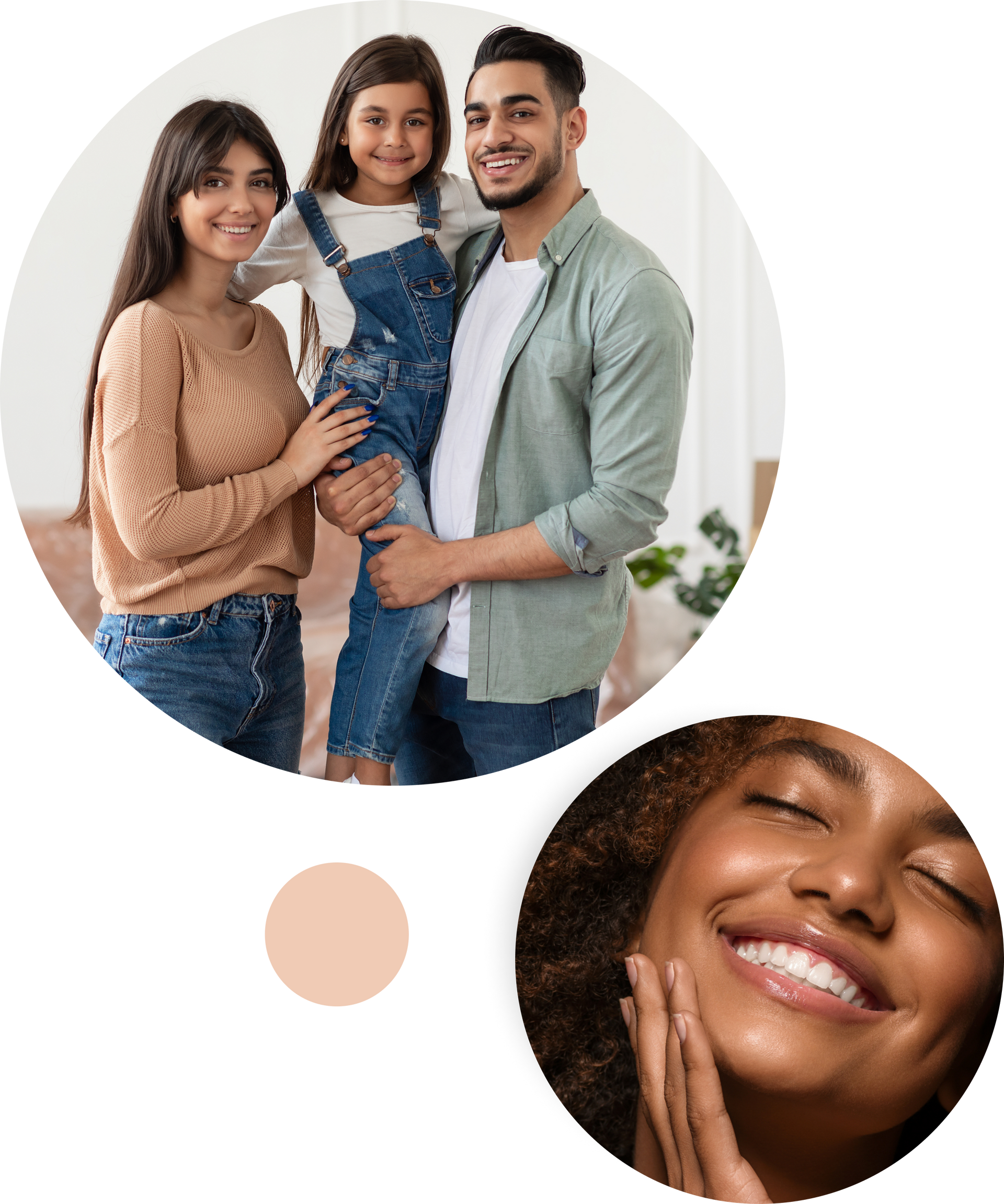a man and woman holding a little girl and a woman getting her teeth examined