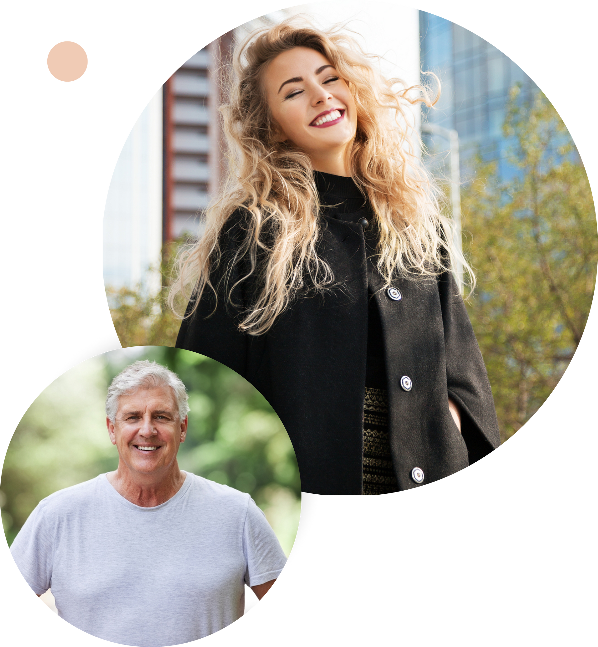 a woman in a black coat is smiling next to a man with glasses