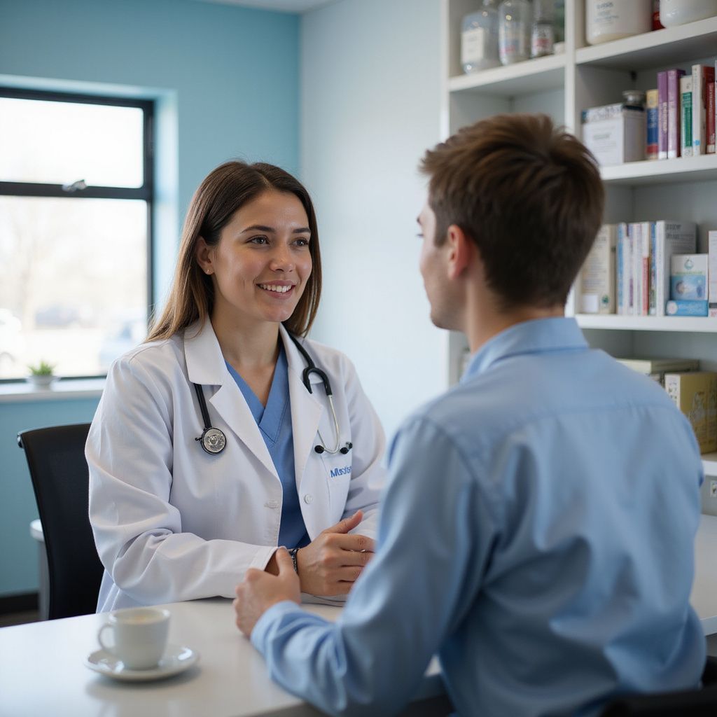 Doctor and patient in a medical office, the doctor smiling, discussing concerns with the patient.