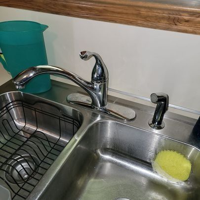 Stainless steel kitchen sink with faucet, sprayer, and sponge. A pitcher of blue liquid sits beside the sink.