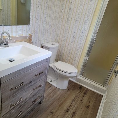 Bathroom with a white sink and toilet, gray vanity, shower, and patterned wallpaper.