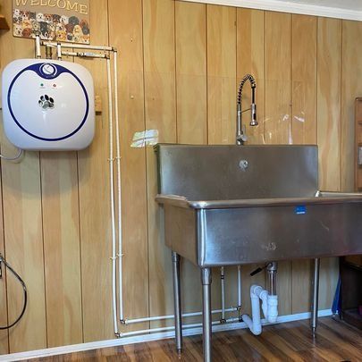 A utility sink with a faucet and pet washing station on a wood-paneled wall.