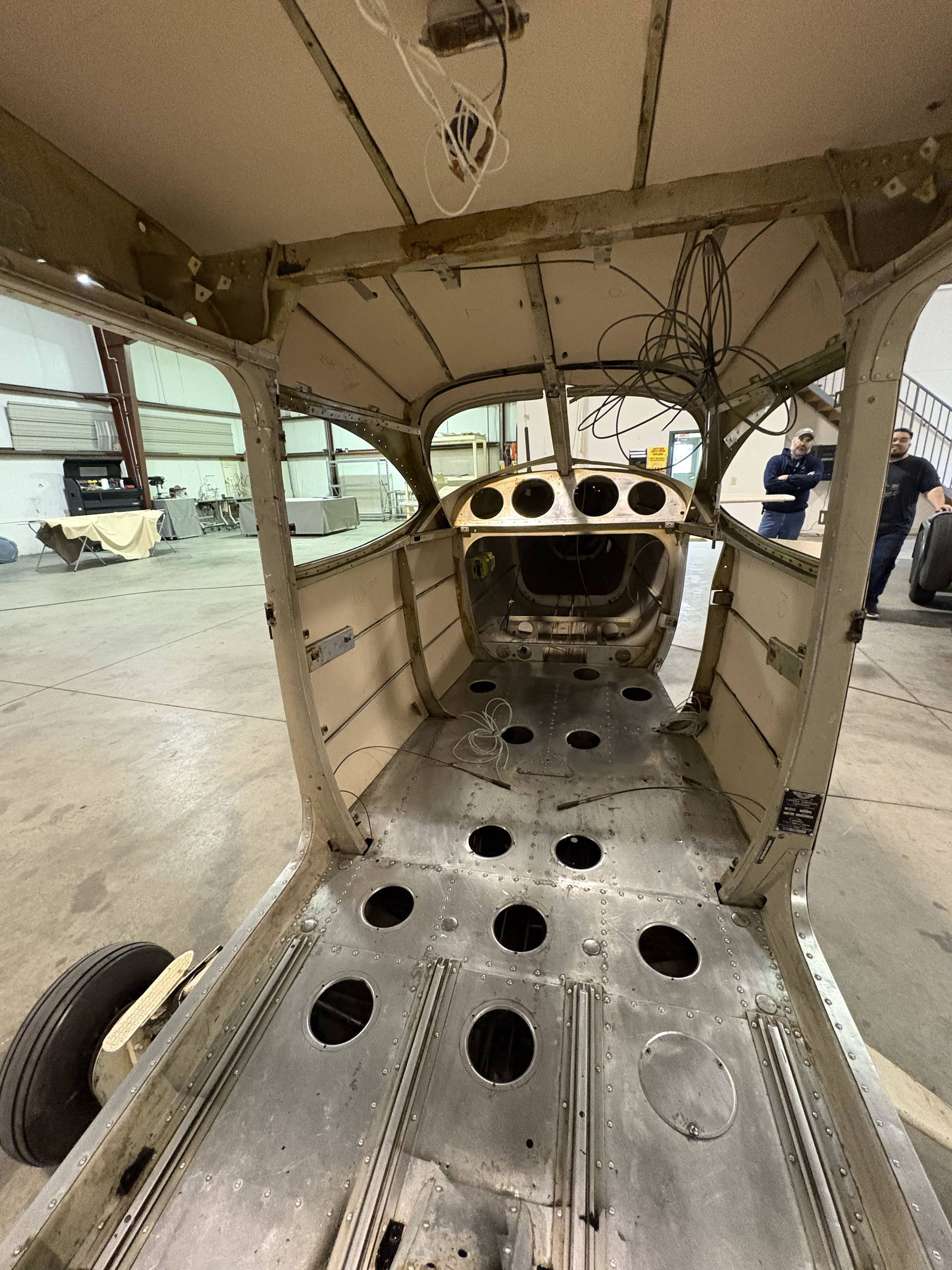The inside of a plane is being dismantled 