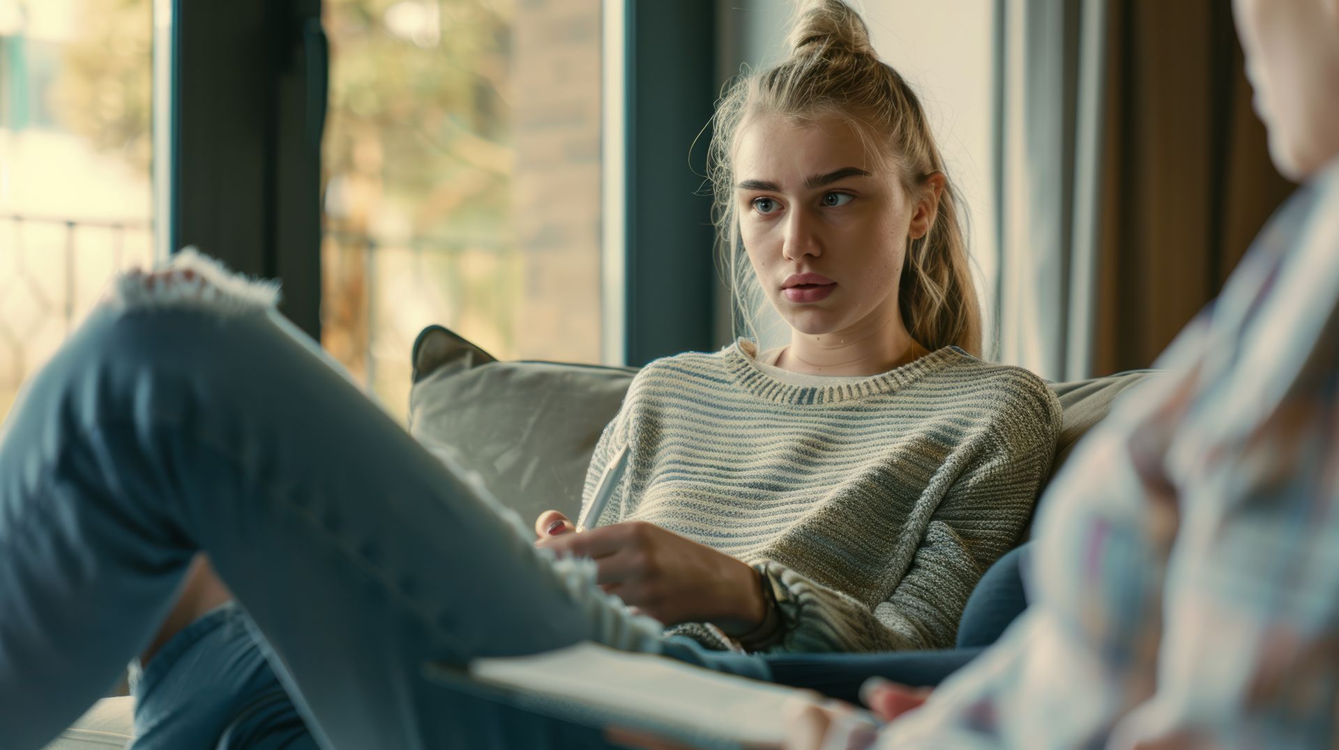 A woman is sitting on a couch talking to another woman.