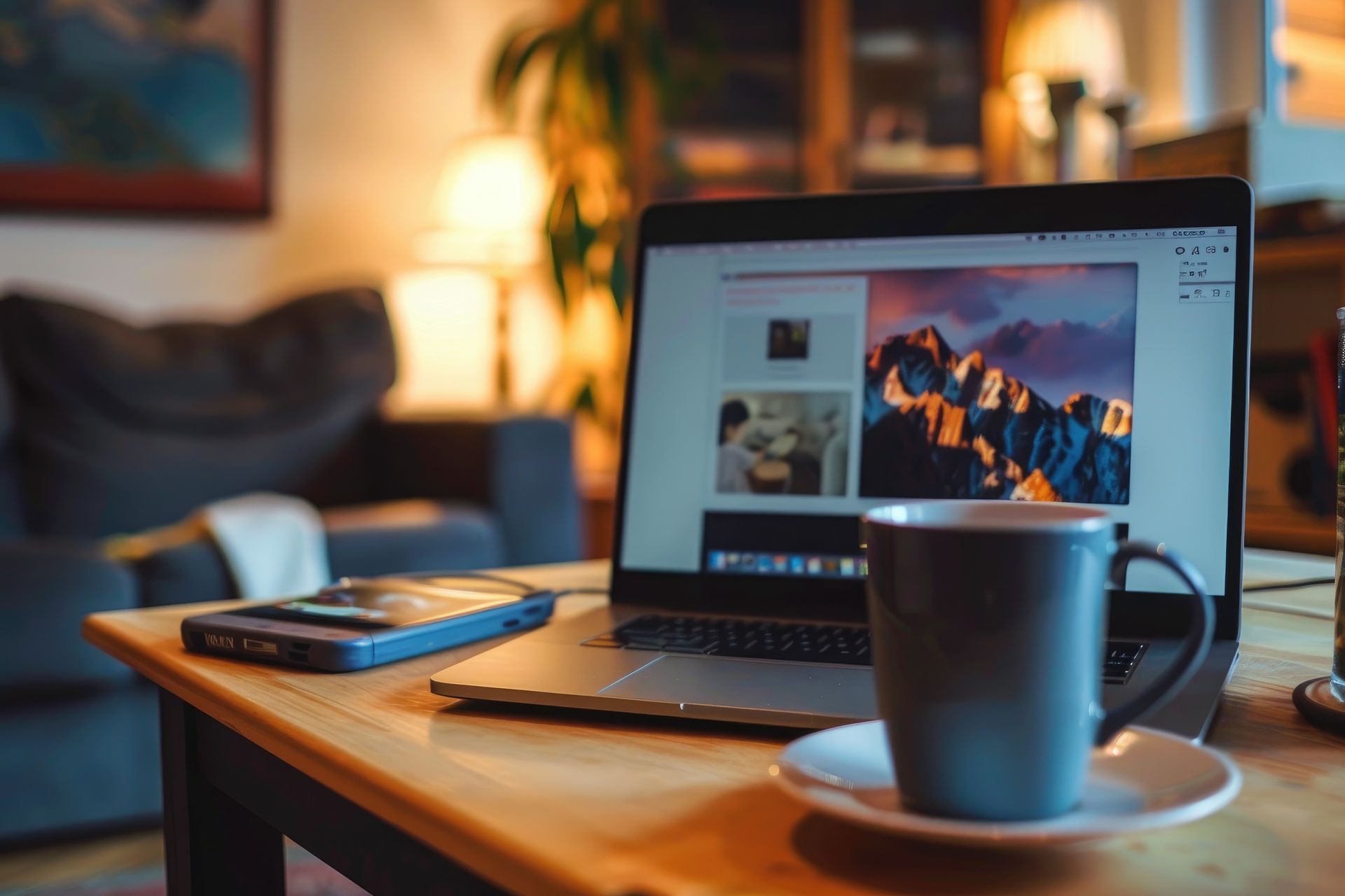 A laptop computer is sitting on a wooden table next to a cup of coffee.