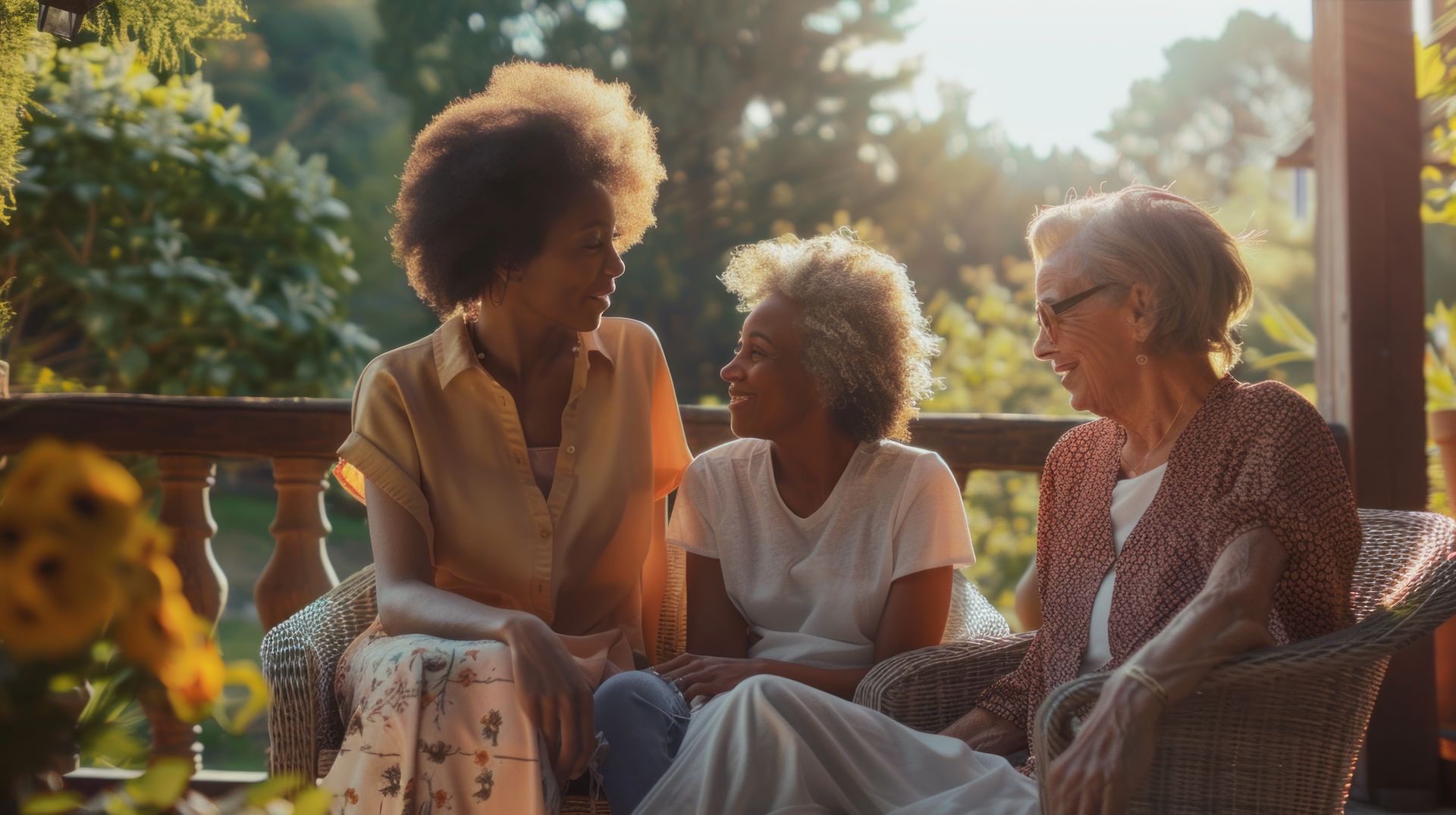 Three older women are sitting on a porch talking to each other.