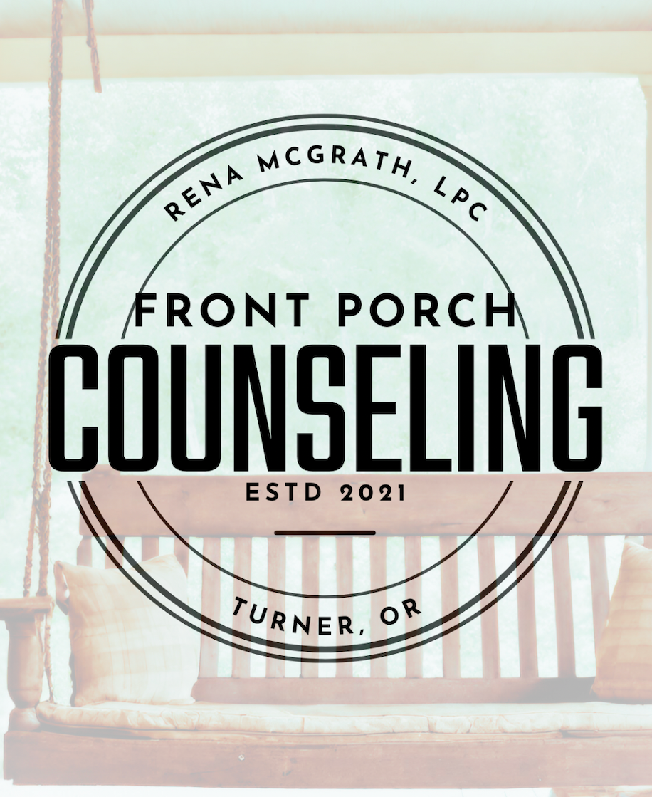 A logo for front porch counseling with a swing in the background