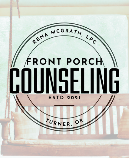 A logo for front porch counseling with a swing in the background