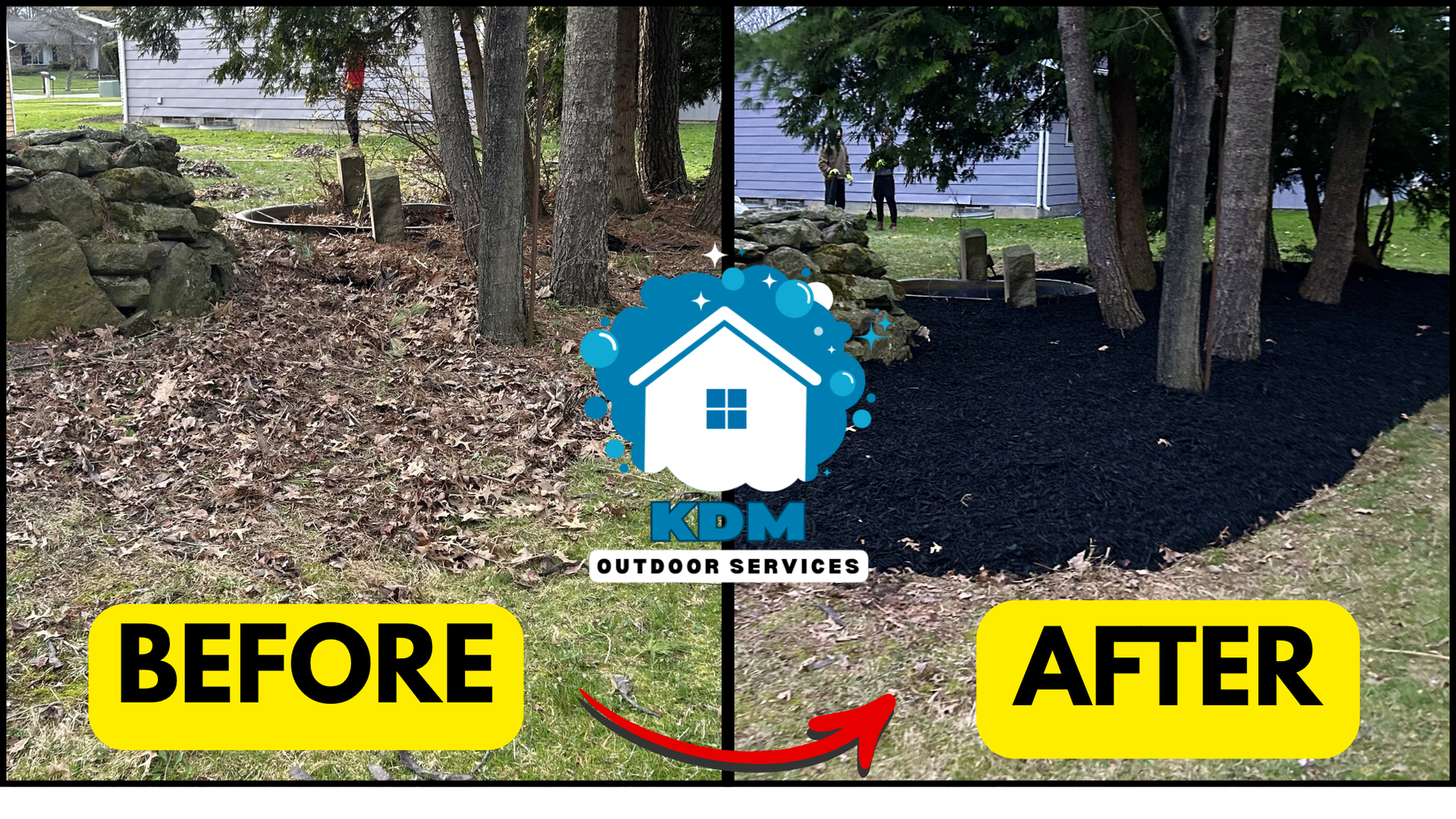 Before and after of a landscaped yard. Top: overgrown bushes. Bottom: neat landscaping with fresh mulch.