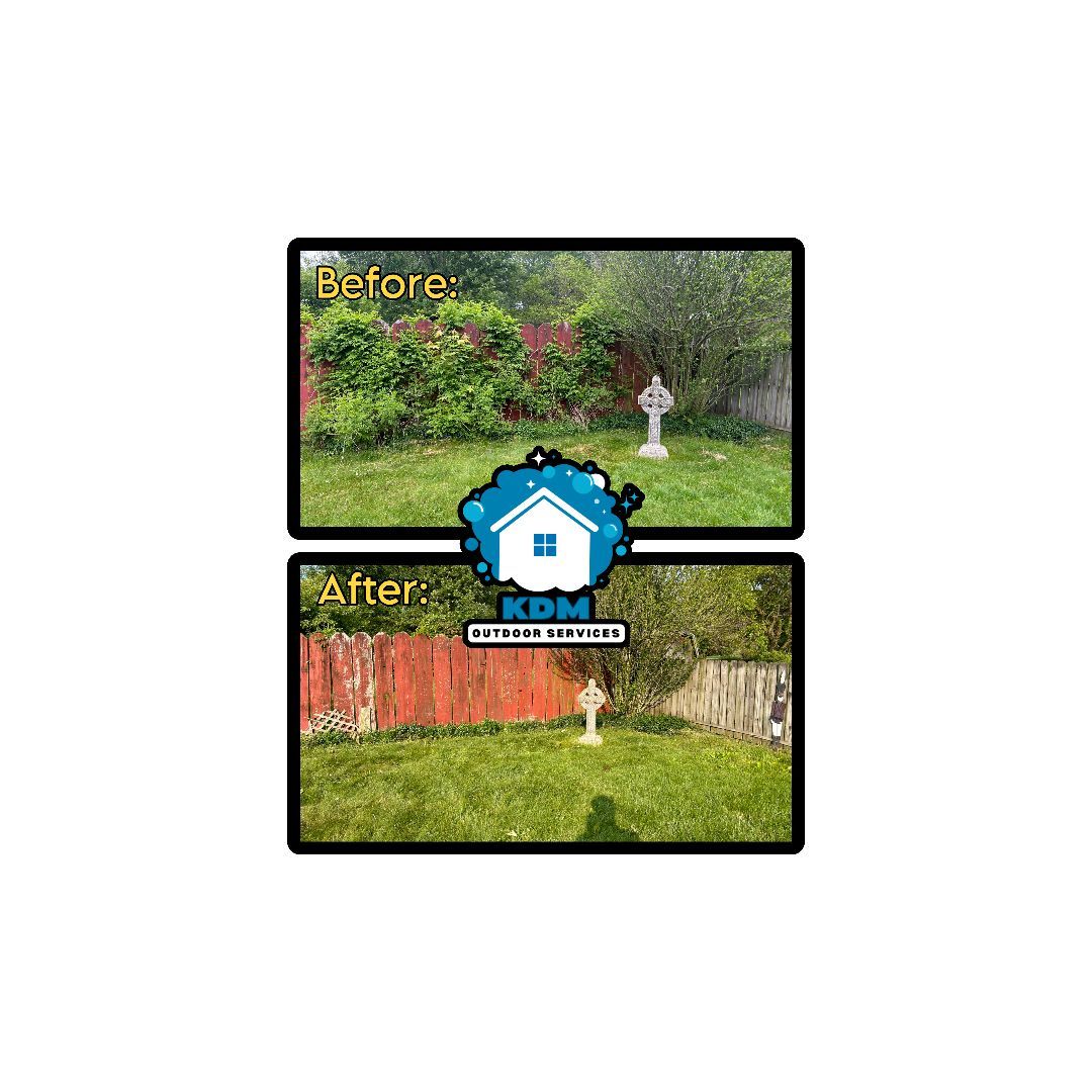 Before and after yard work: overgrown vegetation cleared to reveal a fence and a statue.