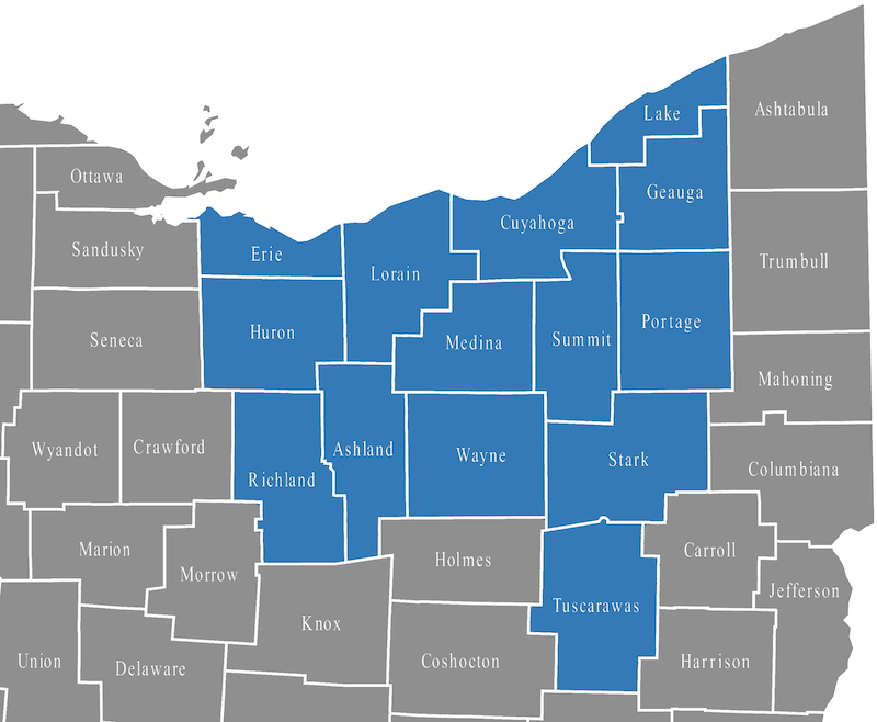 Map of Ohio counties, with a blue highlight on the counties in the northeast region.