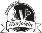 Het logo van de kapsalon met de naam "Marjolein" en een afbeelding van een schaar, kam en haarlokken in zwart-wit.