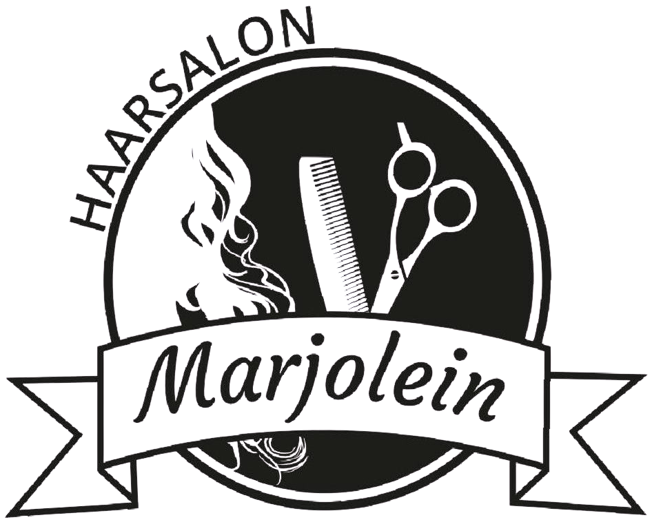 Het logo van de kapsalon met de naam "Marjolein" en een afbeelding van een schaar, kam en haarlokken in zwart-wit.