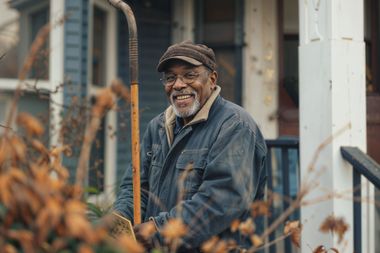 A man is holding a rake in front of a house.