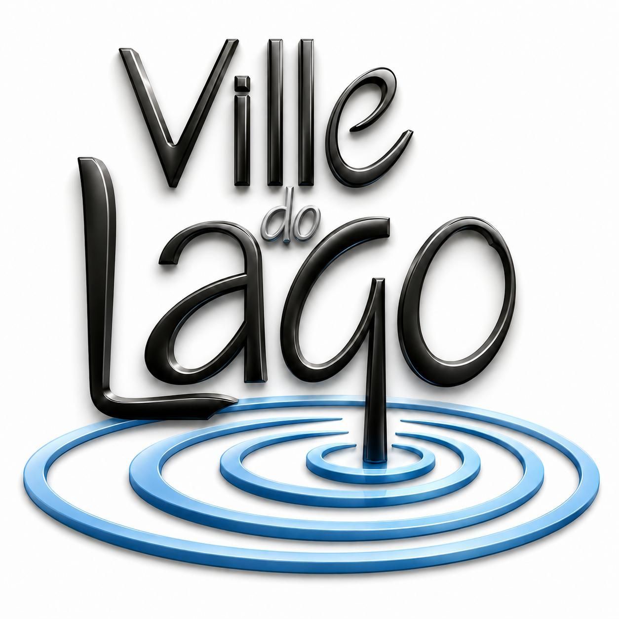 Logotipo com a inscrição “Ville do Lago” em texto preto com ondulações azuis na água abaixo.