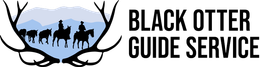 A logo for Black Otter Guide Service including a silhouette of a group of people riding horses in front of antlers.