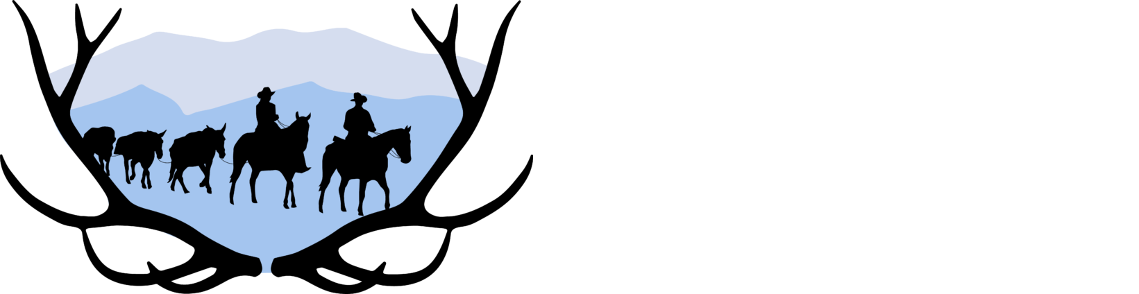 A logo for Black Otter Guide Service including a silhouette of a group of people riding horses in front of antlers.