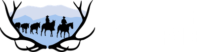A logo for Black Otter Guide Service including a silhouette of a group of people riding horses in front of antlers.