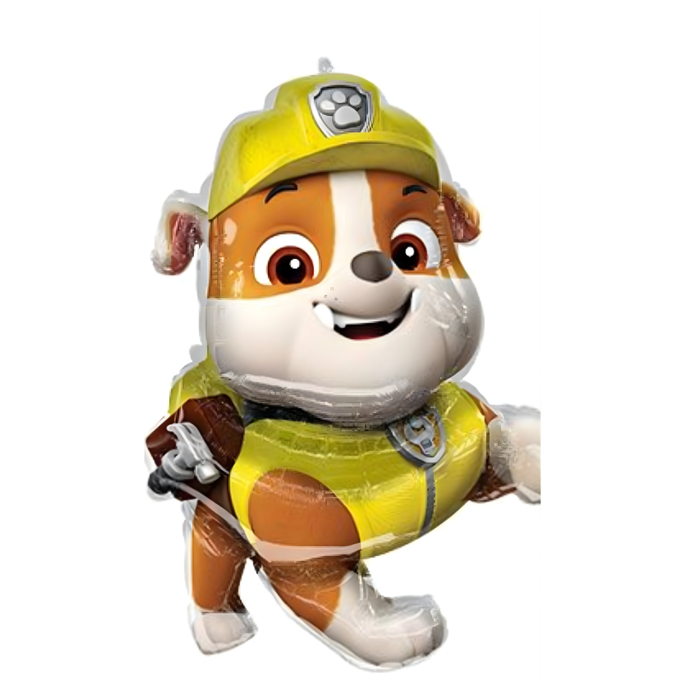 Rubble from PAW Patrol balloon, yellow hard hat and vest, smiling.
