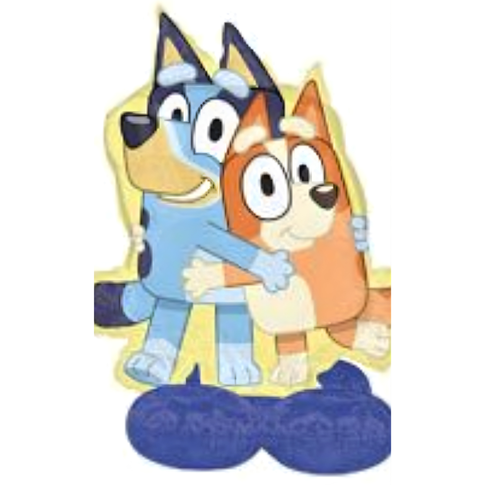 Bluey and Bingo hugging, light blue and orange cartoon dogs.