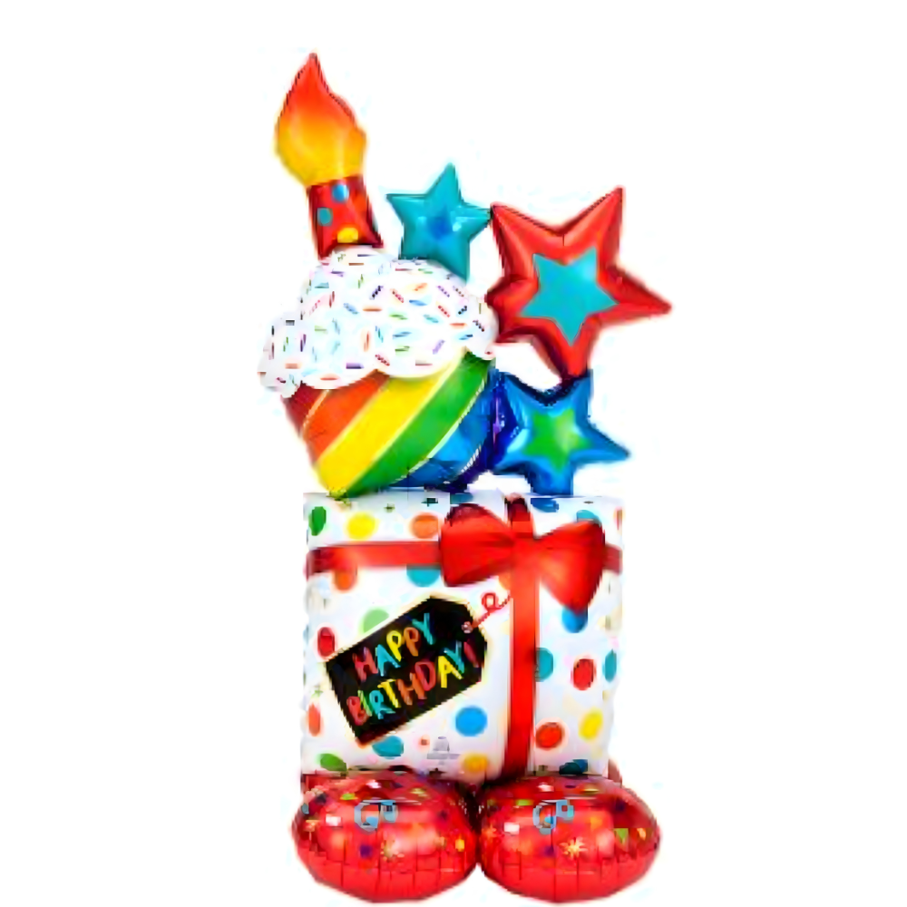 Birthday balloon arrangement: cupcake, stars, gift box, and red