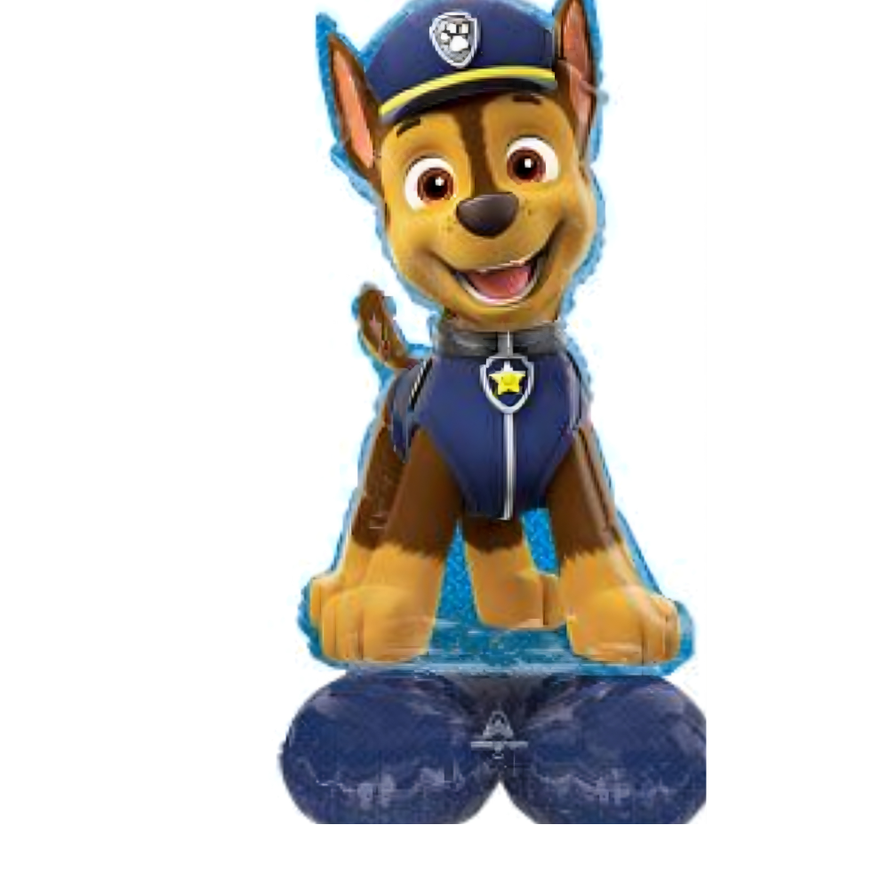 Chase from PAW Patrol, foil balloon in blue, brown, and yellow smiling and standing.