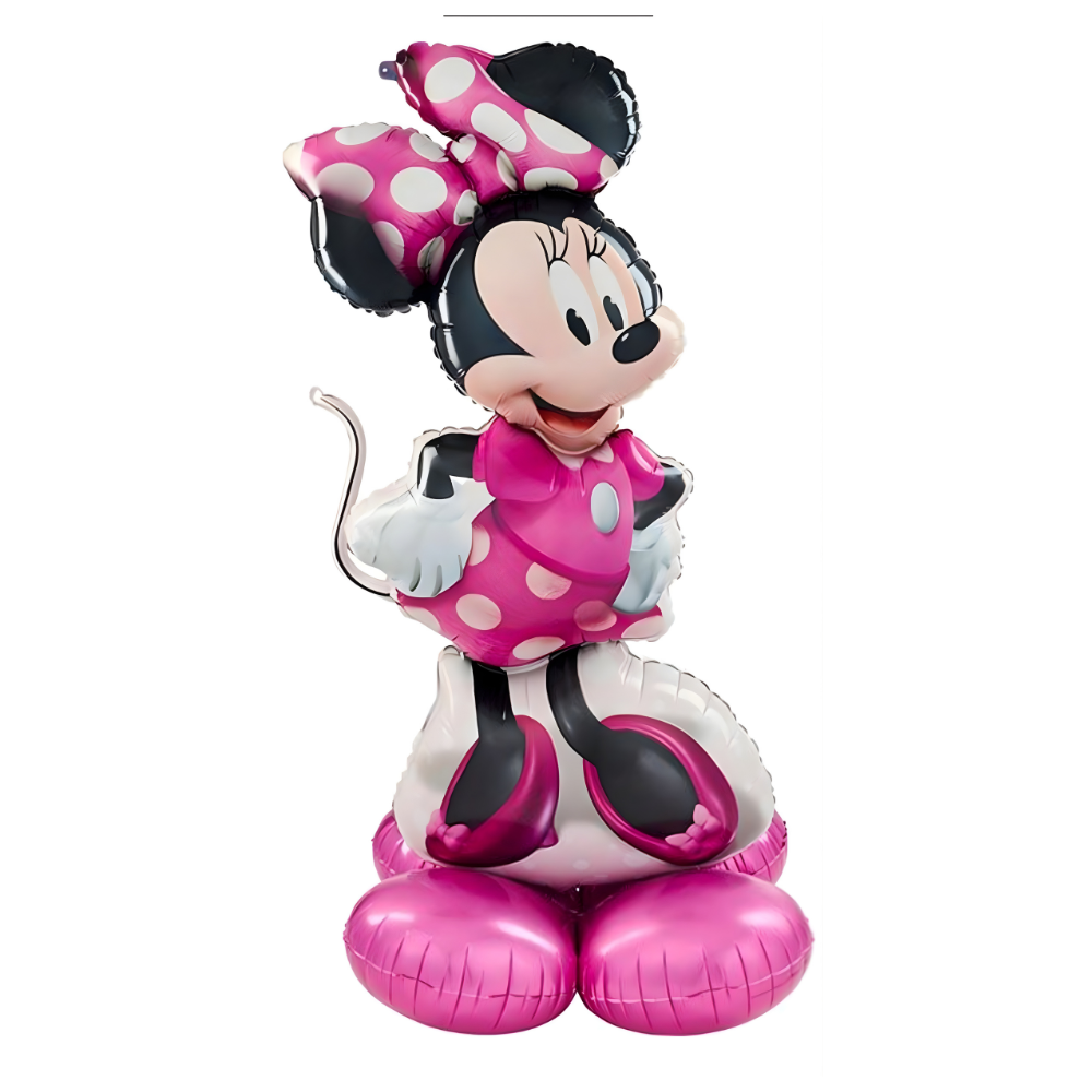 Minnie Mouse balloon decoration, pink and white polka dots, smiling, standing upright.