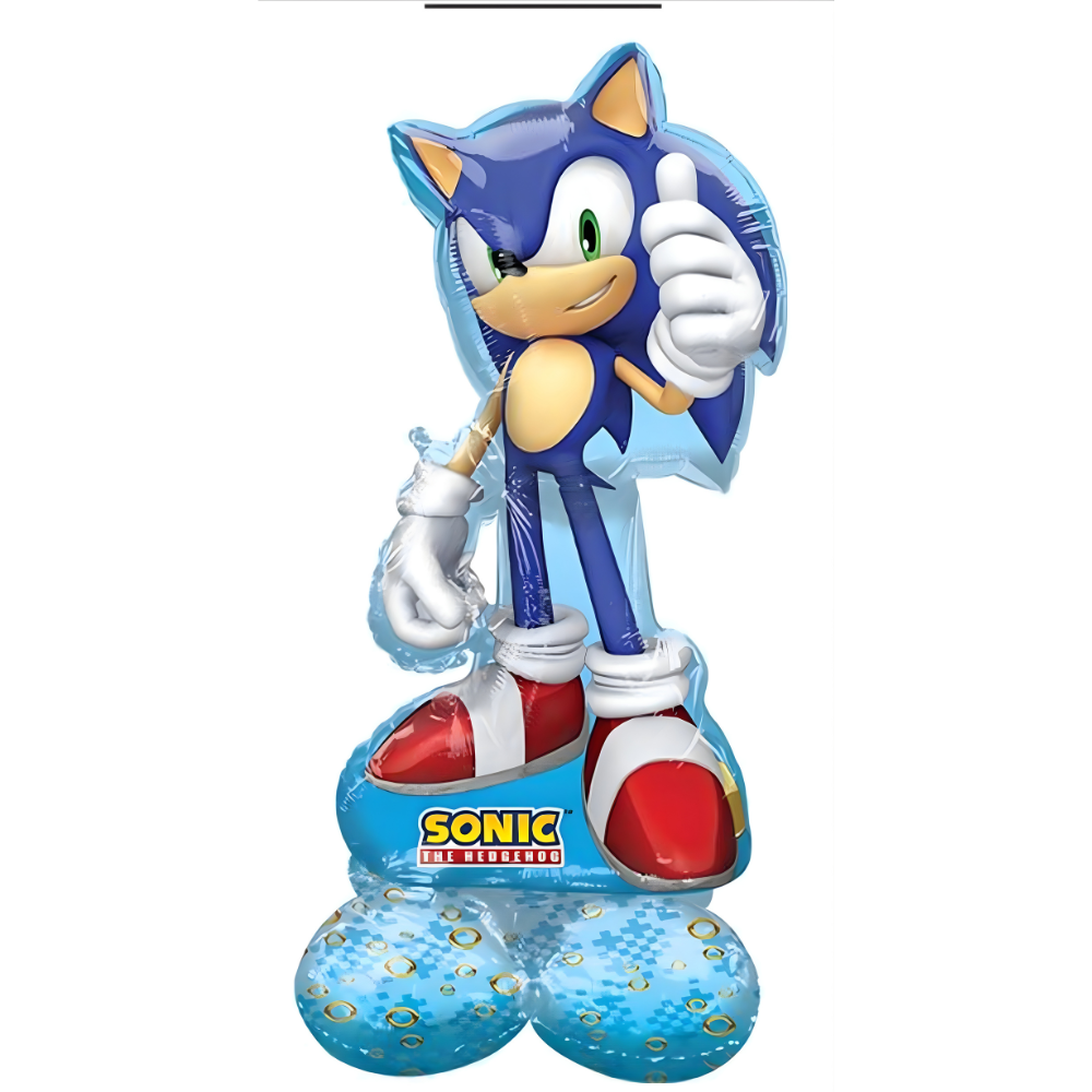 Sonic the Hedgehog balloon with thumbs up, blue, red, and white, stands on blue base with logo.