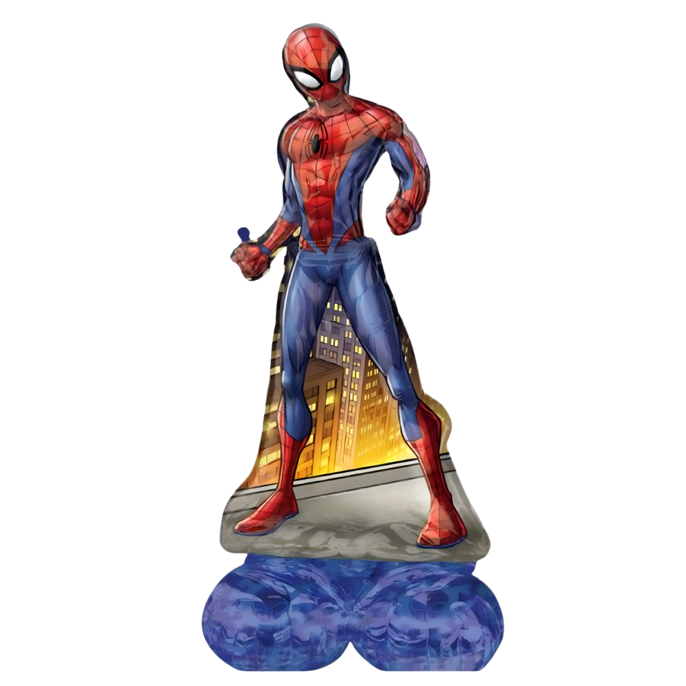 Spider-Man cutout stands on a cityscape backdrop; he wears a red and blue costume.