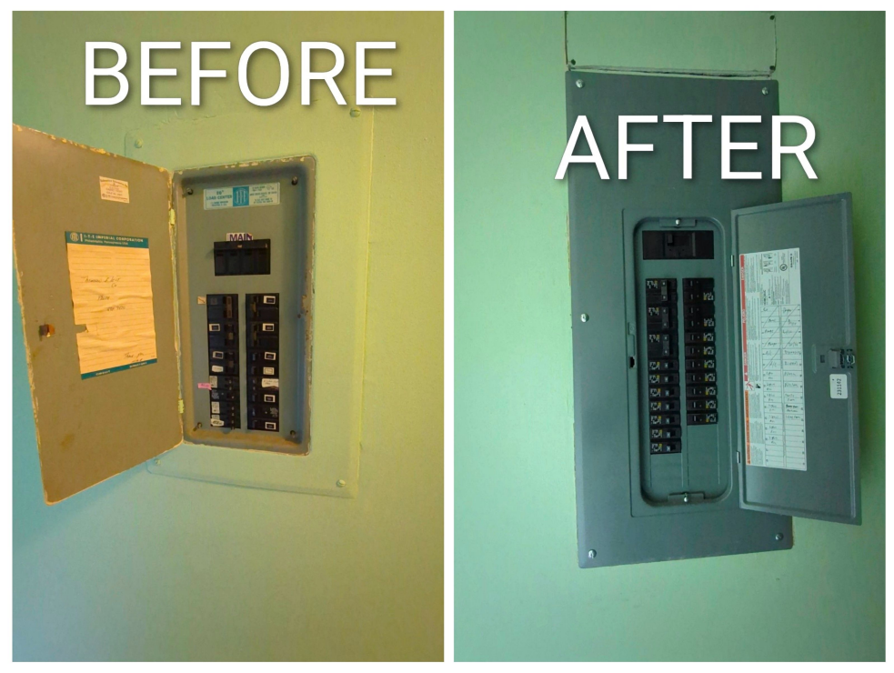 Before-and-after photo of an electrical panel painted from tan to green on a wall
