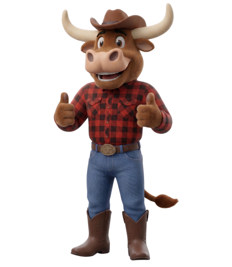 a cartoon bull in a plaid shirt is holding two checkered flags .