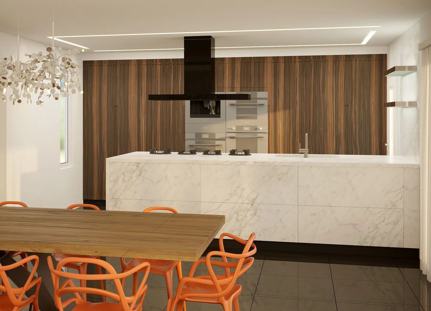 Modern kitchen with marble island, wooden cabinets, and orange chairs around a wooden table.
