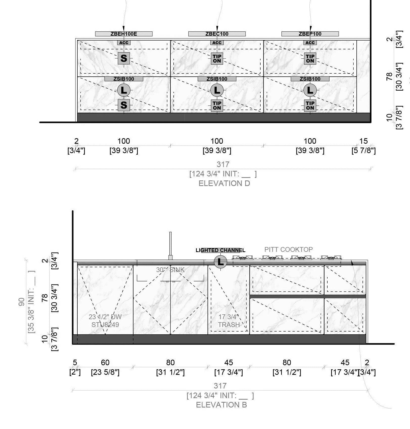 Architectural drawings of a cabinet with labeled sections, dimensions, and elevation views.
