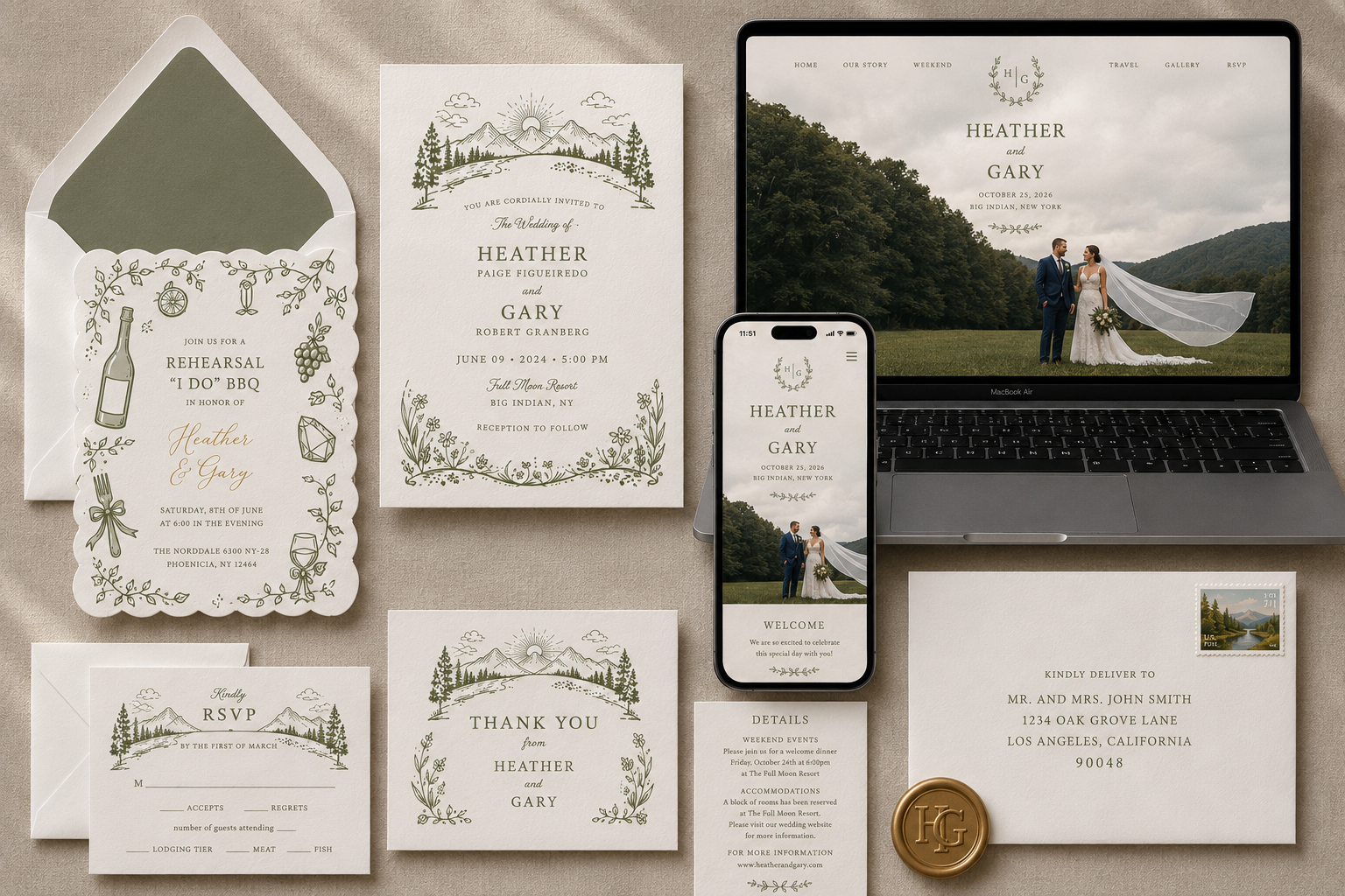 Elegant wedding stationery with white and green floral invitations, RSVP cards, a coin, and a candle holder.