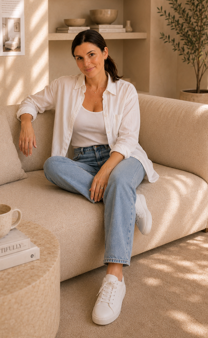 Woman sitting on a beige sofa in a bright living room, wearing a white shirt, jeans, and white sneakers.