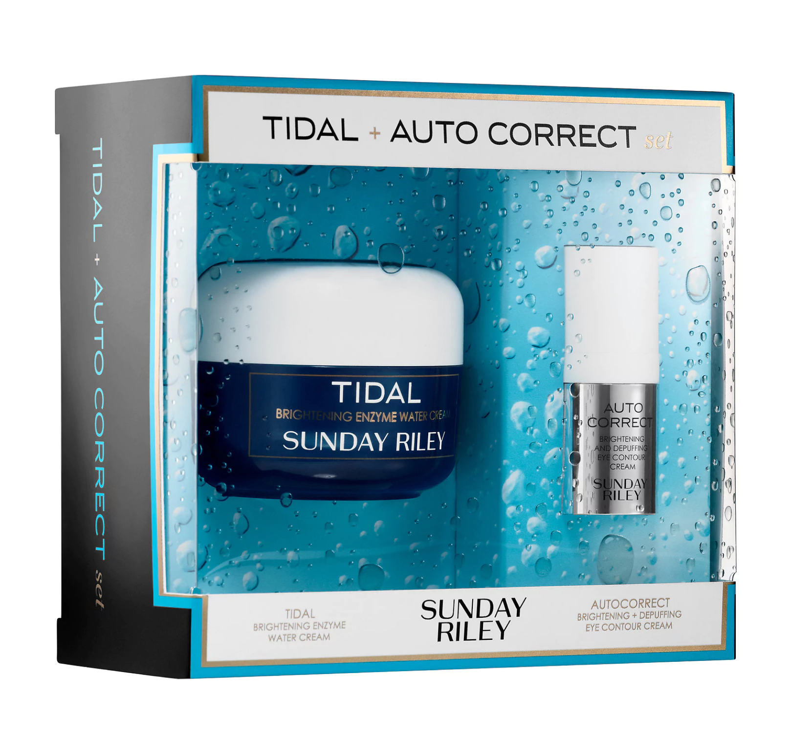 Tidal skincare set with blue jar and white tube in a turquoise gift box, Sunday Riley branding
